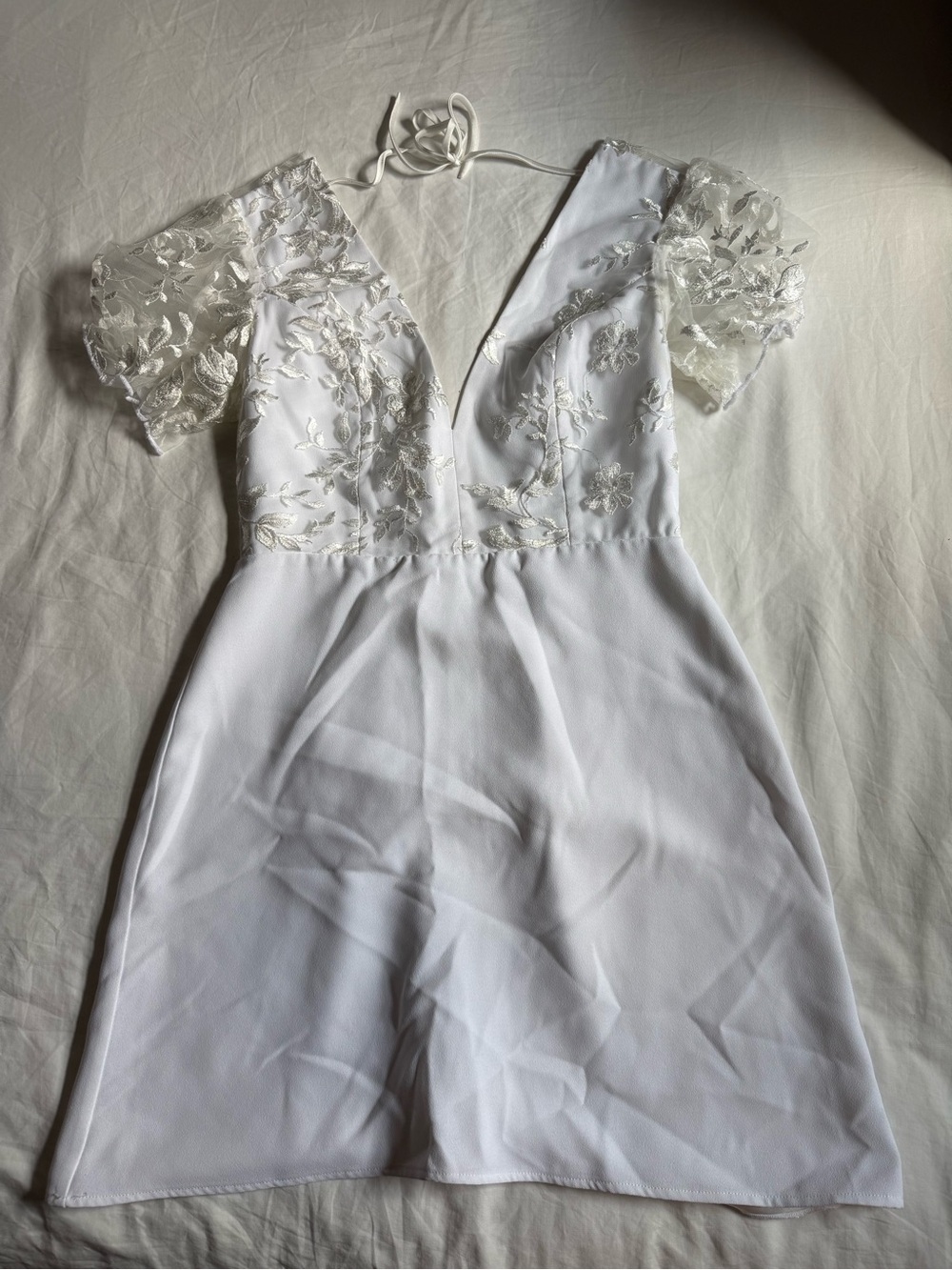 Park & Fifth White Embroidered Lace Sleeve Mini Dress
